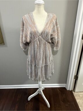 Big Water Blue Sky Mini V-Neck Metallic Pleated Dress in Blue-Gold.